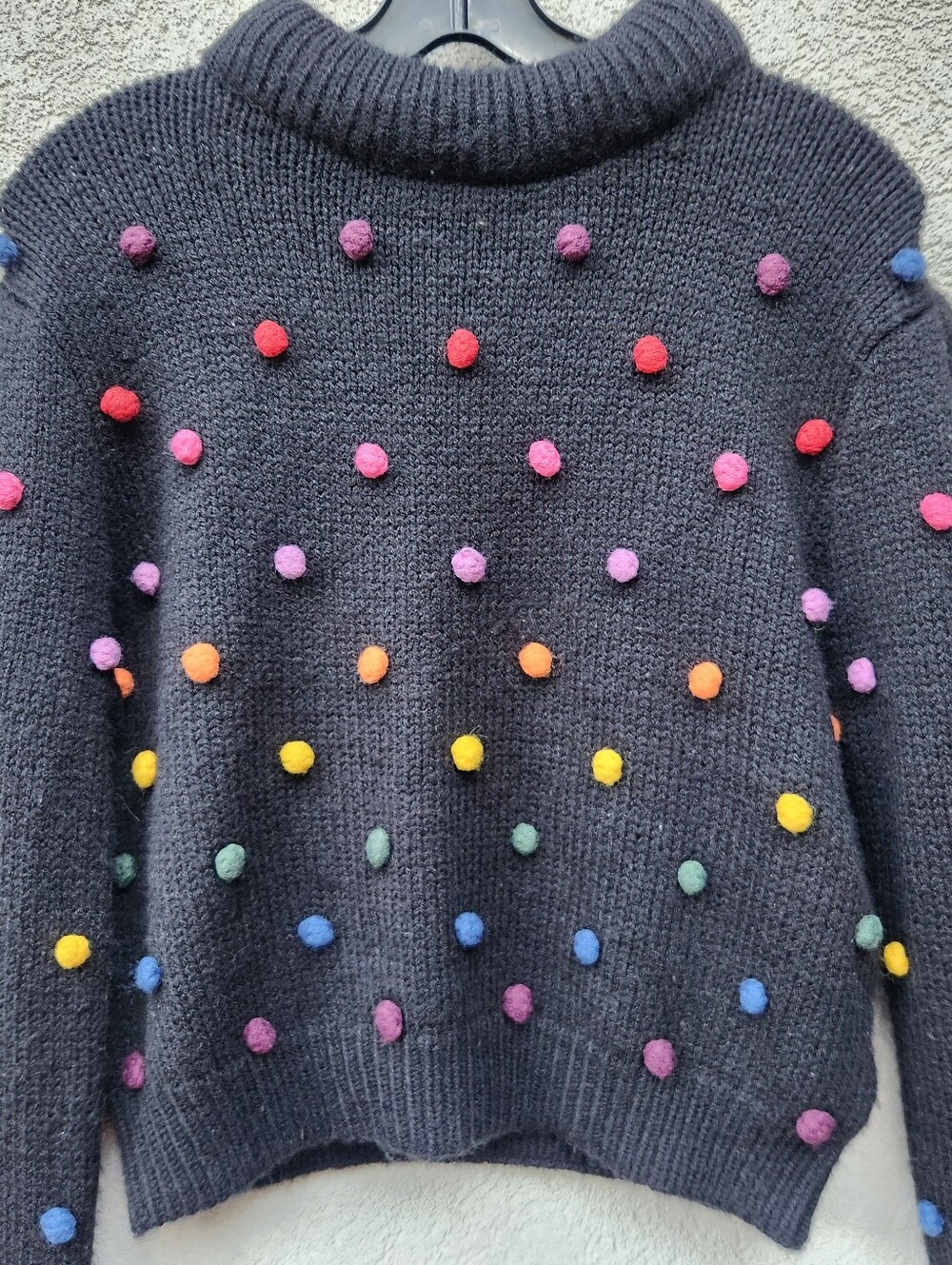 FARM RIO Women's Rainbow Dots Pom Pom Cropped Sweater Medium Black Handmade